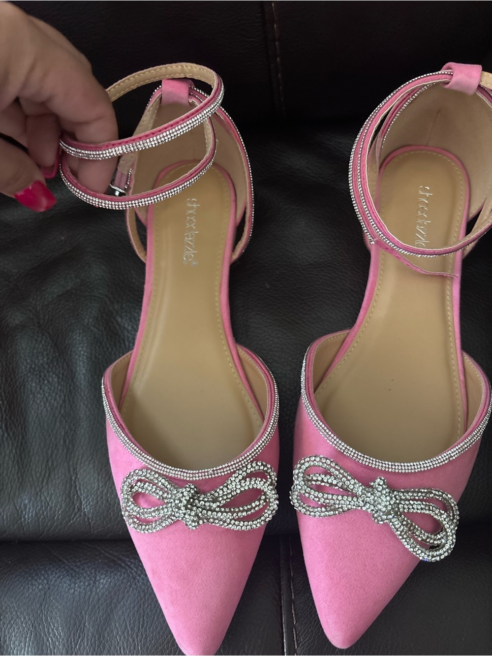 Shoe Dazzle Pink Pointed Flats with Crystal Bow and Ankle Strap
